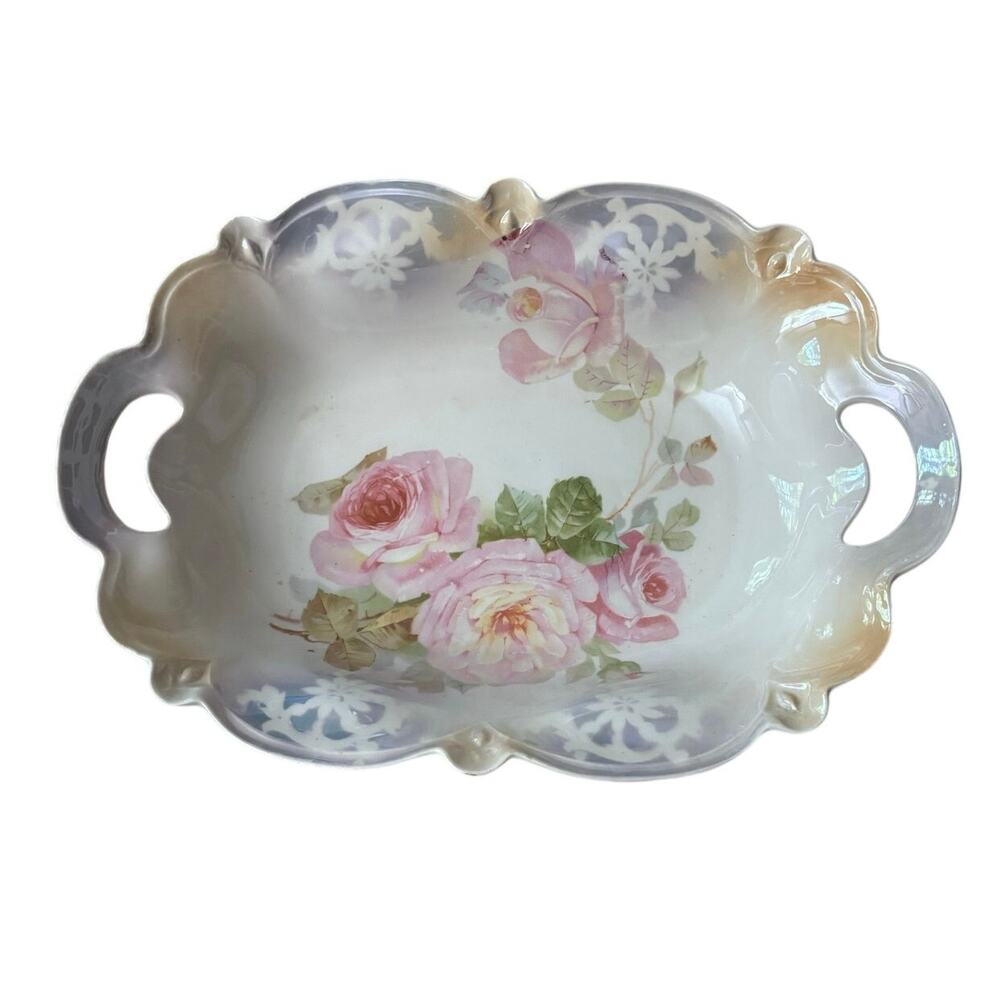 Vintage Serving Bowl Pink Roses Floral Side Handles Iridescent Germany Cottage
